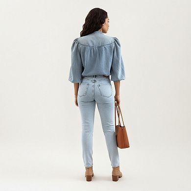 Women's Denim Button Front Top with Puff Elbow Sleeves Structured Collar Detail Woven Fabric