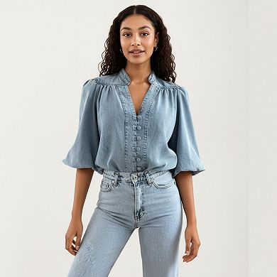 Women's Denim Button Front Top with Puff Elbow Sleeves Structured Collar Detail Woven Fabric