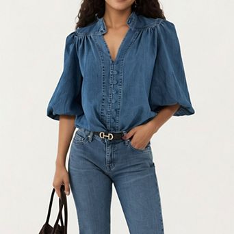 Women's Denim Button Front Top with Puff Elbow Sleeves Structured Collar Detail Woven Fabric