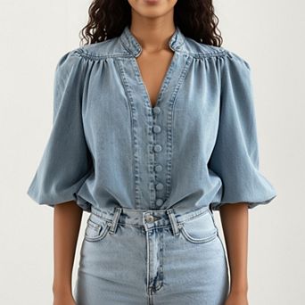 Women's Denim Button Front Top with Puff Elbow Sleeves Structured Collar Detail Woven Fabric