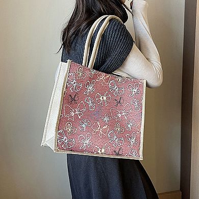Women's Canvas Tote Bag with Colorful Bow Print - Lightweight Shopping Handbag