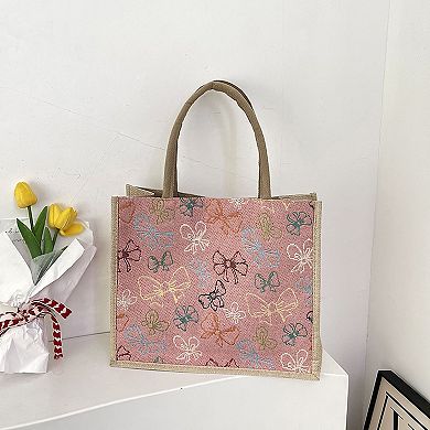 Women's Canvas Tote Bag with Colorful Bow Print - Lightweight Shopping Handbag