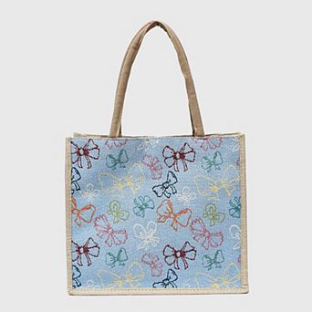 Women's Canvas Tote Bag with Colorful Bow Print - Lightweight Shopping Handbag