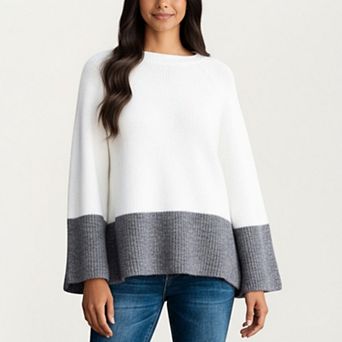 Women's Cozy Rib Knit Sweater Top with Wide Flared Sleeves Soft Two-Tone Panel Design