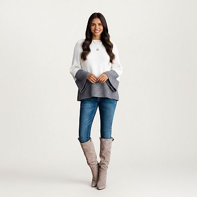 Women's Cozy Rib Knit Sweater Top with Wide Flared Sleeves Soft Two-Tone Panel Design