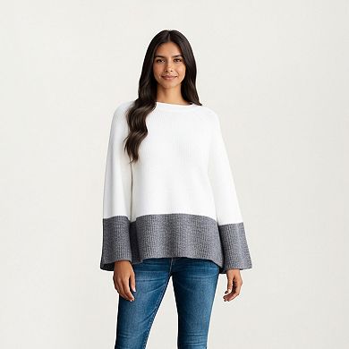 Women's Cozy Rib Knit Sweater Top with Wide Flared Sleeves Soft Two-Tone Panel Design
