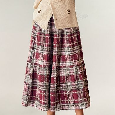 Women's High Waist Plaid Midi Skirt with Soft Textured Fabric and Tiered A-Line Silhouette