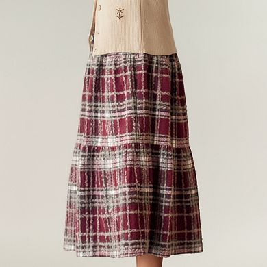 Women's High Waist Plaid Midi Skirt with Soft Textured Fabric and Tiered A-Line Silhouette