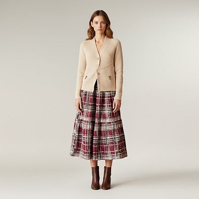 Women's High Waist Plaid Midi Skirt with Soft Textured Fabric and Tiered A-Line Silhouette