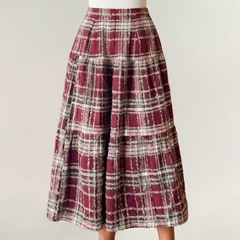 Women's High Waist Plaid Midi Skirt with Soft Textured Fabric and Tiered A-Line Silhouette