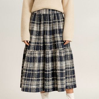 Women's High Waist Plaid Midi Skirt with Soft Textured Fabric and Tiered A-Line Silhouette