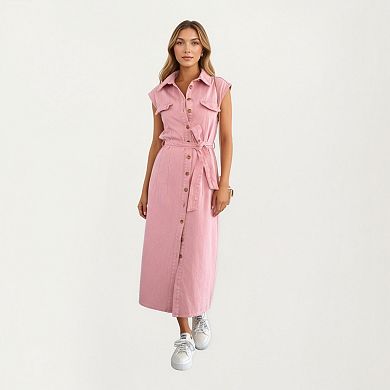Women's Button Front Denim Maxi Dress with Adjustable Waist Tie Structured Collar Detail
