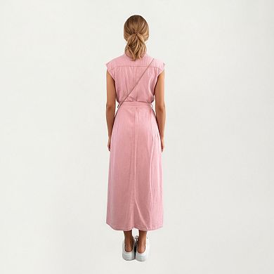 Women's Button Front Denim Maxi Dress with Adjustable Waist Tie Structured Collar Detail