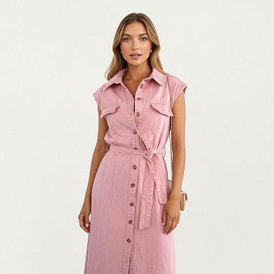 Women's Button Front Denim Maxi Dress with Adjustable Waist Tie Structured Collar Detail