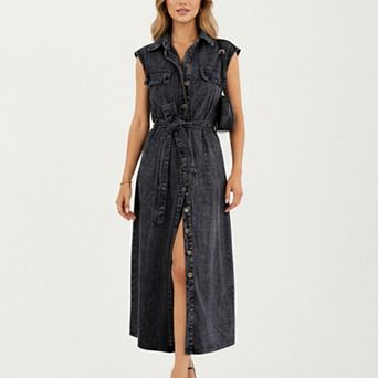 Women's Button Front Denim Maxi Dress with Adjustable Waist Tie Structured Collar Detail