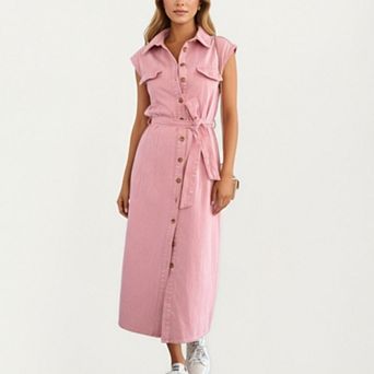 Women's Button Front Denim Maxi Dress with Adjustable Waist Tie Structured Collar Detail