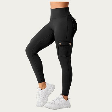 Women's Cargo Pocket Leggings with Smooth Stretch Fabric Supportive Waistband