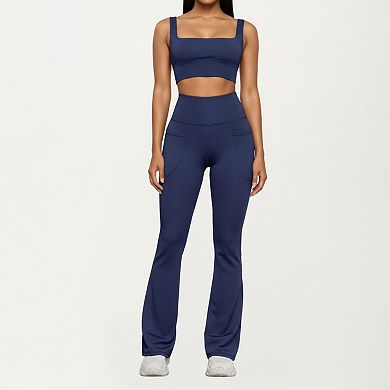 Women's Flare Athletic Pants with Wide Supportive Waistband Functional Patch Pockets