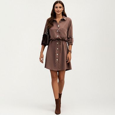 Women's Button Front Shirt Dress with Adjustable Sleeves Soft Drawstring Waist