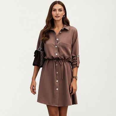 Women's Button Front Shirt Dress with Adjustable Sleeves Soft Drawstring Waist