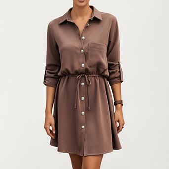 Women's Button Front Shirt Dress with Adjustable Sleeves Soft Drawstring Waist
