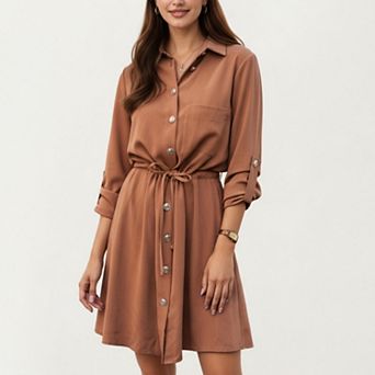 Women's Button Front Shirt Dress with Adjustable Sleeves Soft Drawstring Waist