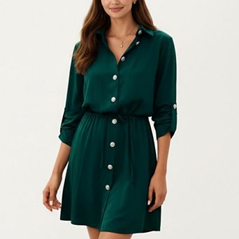Women's Button Front Shirt Dress with Adjustable Sleeves Soft Drawstring Waist