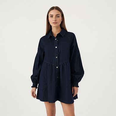 Women's Button Front Denim Shirt Dress with Soft Woven Fabric Balloon Sleeves Front Patch Pockets