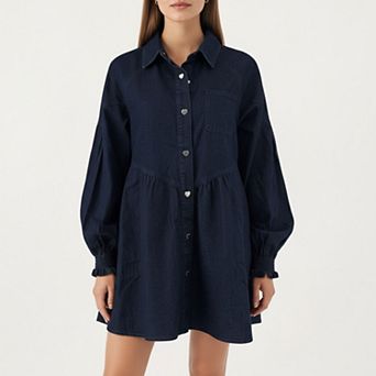 Women's Button Front Denim Shirt Dress with Soft Woven Fabric Balloon Sleeves Front Patch Pockets