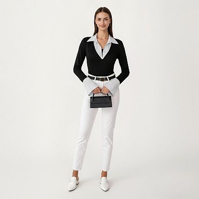 Women's Contrast Collar Long Sleeve Top with Deep V Neckline Striped Cuffs