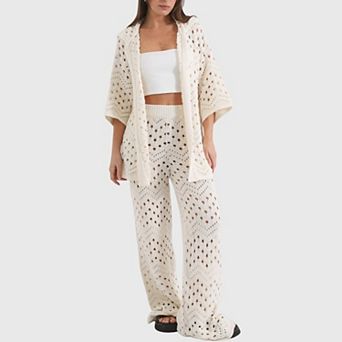 Women's Crochet Knit 2 pc Set with Open Front Cardigan and Wide Leg Pants