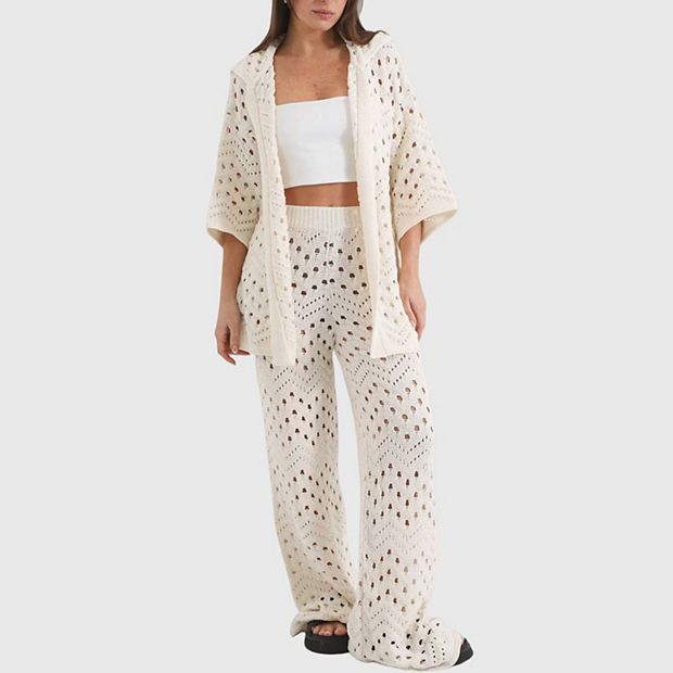 Women's Crochet Knit 2-Piece Set with Open Front Cardigan and Wide