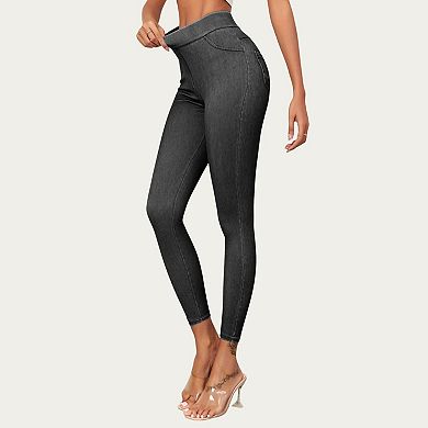 Women's High Waist Denim Look Leggings with Smooth Stretch Fabric Faux Pocket Details