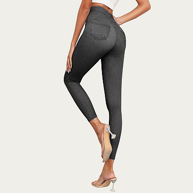 Women's High Waist Denim Look Leggings with Smooth Stretch Fabric Faux Pocket Details