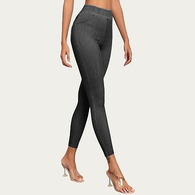 Women's High Waist Denim Look Leggings with Smooth Stretch Fabric Faux Pocket Details