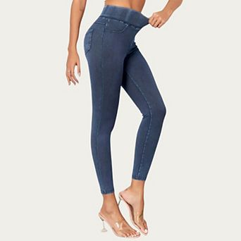 Women's High Waist Denim Look Leggings with Smooth Stretch Fabric Faux Pocket Details