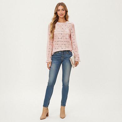 Women's Floral Lace Long Sleeve Top with Intricate Openwork Pattern Soft Textured Fabric