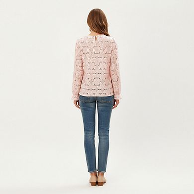 Women's Floral Lace Long Sleeve Top with Intricate Openwork Pattern Soft Textured Fabric