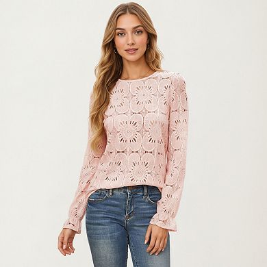 Women's Floral Lace Long Sleeve Top with Intricate Openwork Pattern Soft Textured Fabric