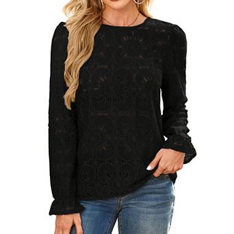 Women's Floral Lace Long Sleeve Top with Intricate Openwork Pattern Soft Textured Fabric