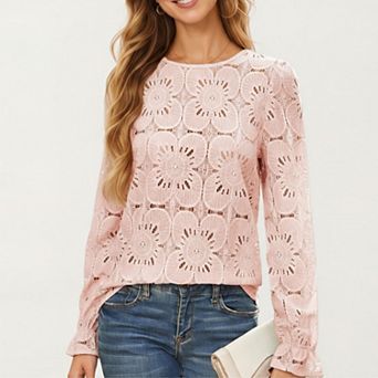 Women's Floral Lace Long Sleeve Top with Intricate Openwork Pattern Soft Textured Fabric