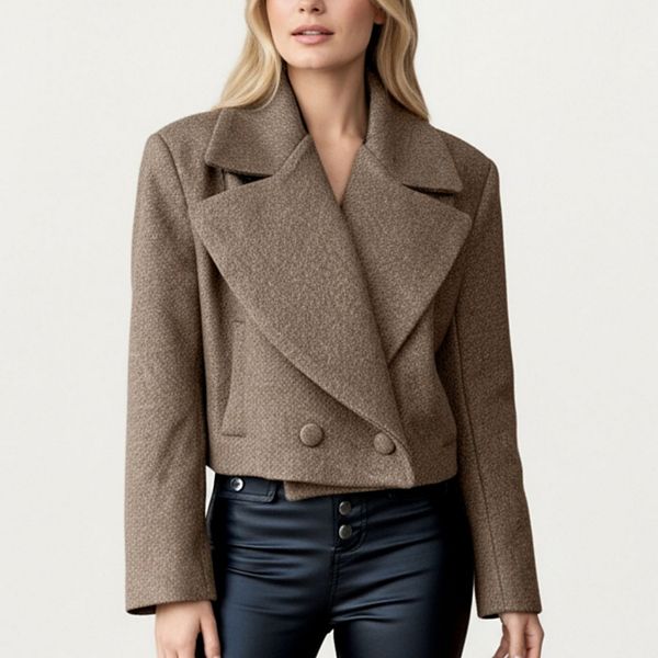 Women's Cropped Double-Breasted Jacket with Oversized Lapel Collar
