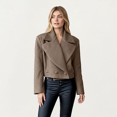 Women's Cropped Double-Breasted Jacket with Oversized Lapel Collar