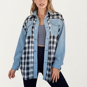 Women's Denim and Plaid Contrast Shacket with Snap Button Front Oversized Chest Pockets