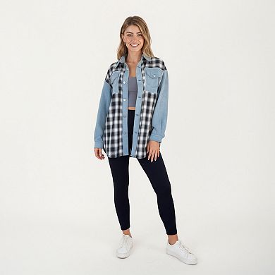 Women's Denim and Plaid Contrast Shacket with Snap Button Front Oversized Chest Pockets