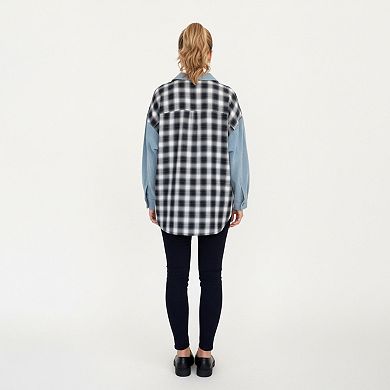 Women's Denim and Plaid Contrast Shacket with Snap Button Front Oversized Chest Pockets