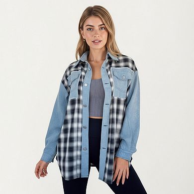 Women's Denim and Plaid Contrast Shacket with Snap Button Front Oversized Chest Pockets