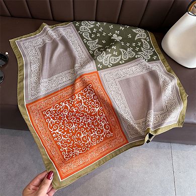 Women's Faux Velvet Scarf with Multi-Tone Bandana Patchwork Print 27×27 Inches