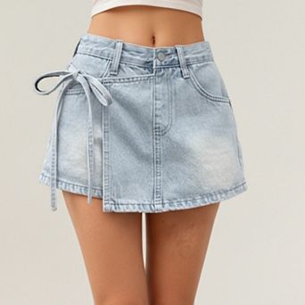 Women’s Denim Mini Skirt with Front Seam Detailing, Adjustable Side Tie Accent and Structured Fabric