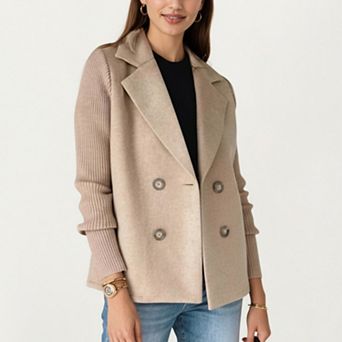 Women's Double Breasted Knit Sleeve Peacoat Jacket with Soft Structured Body Relaxed Wide Lapels